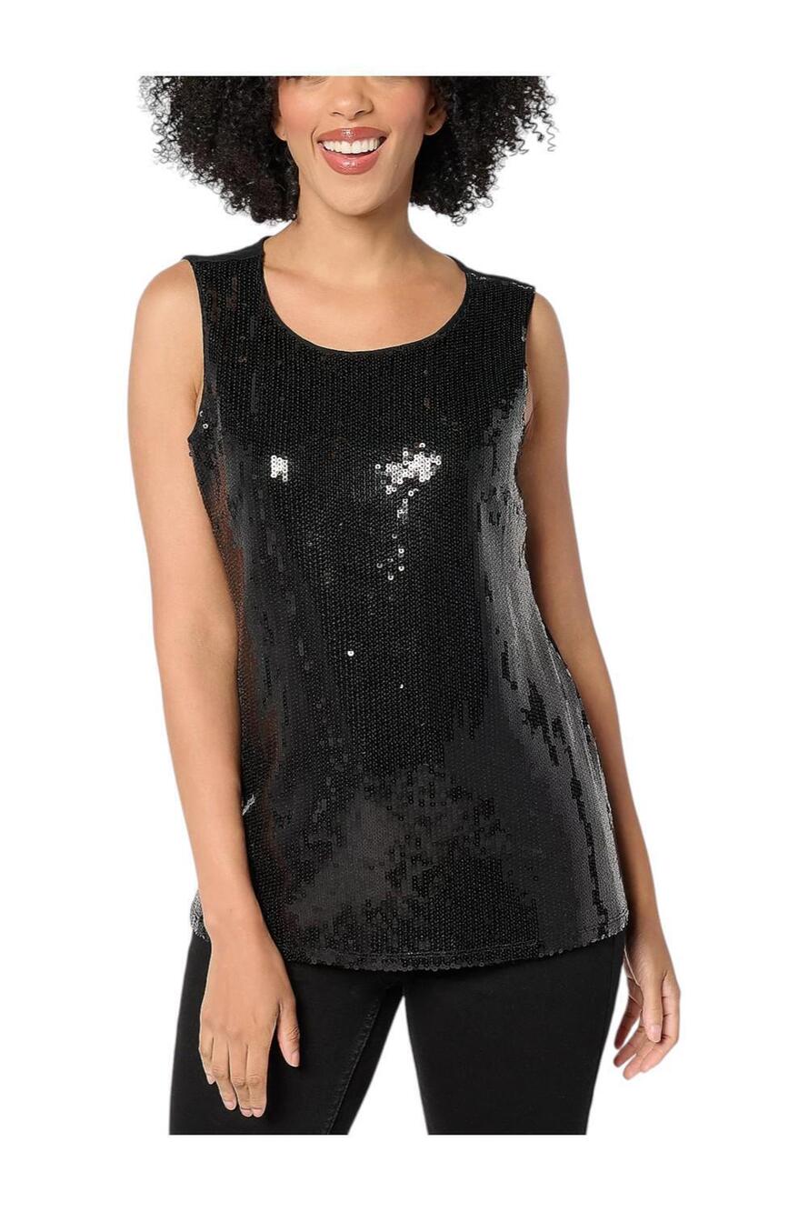Denim & Co. Women's Sequin Front Scoop Neck Tank Top Blk - Regular